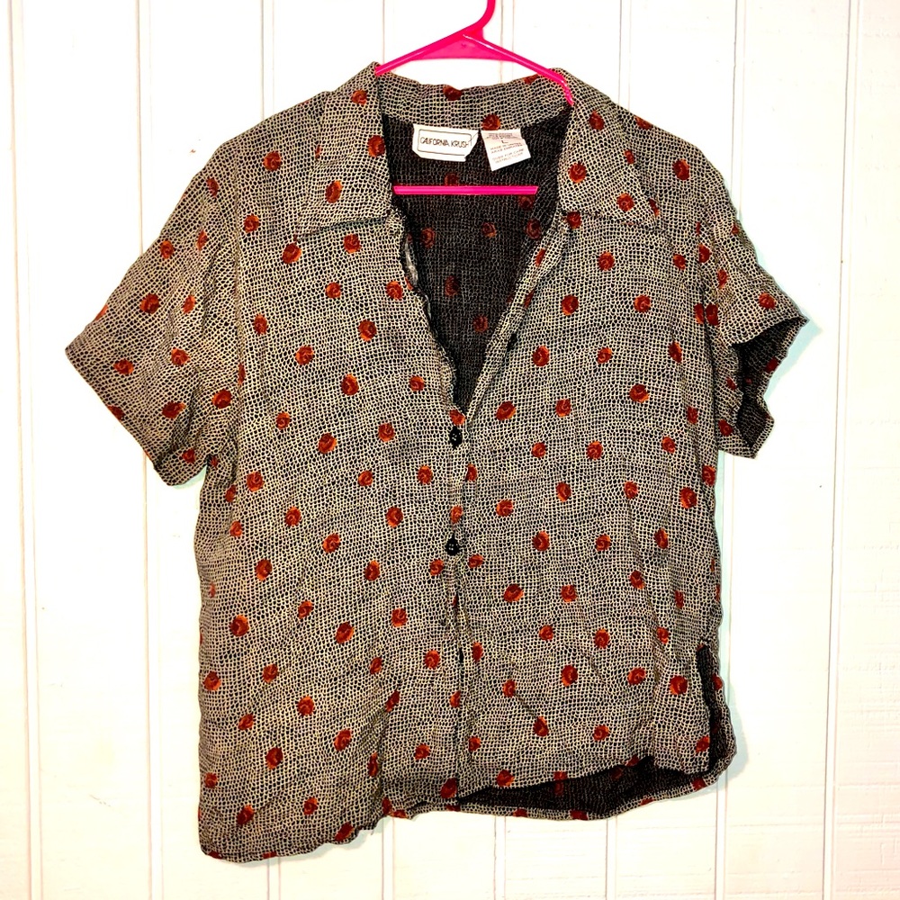 American vintage button up blouse, black and white, women’s size large